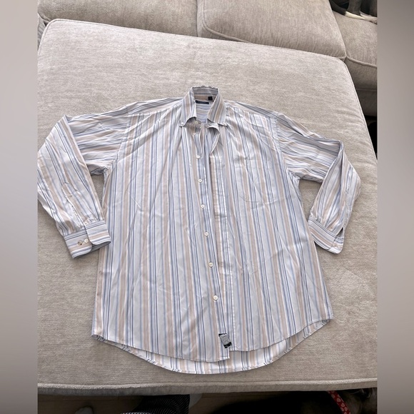 Burberry London Striped Button Down Dress Shirt Size L blue, tan, white and red. - Picture 1 of 6